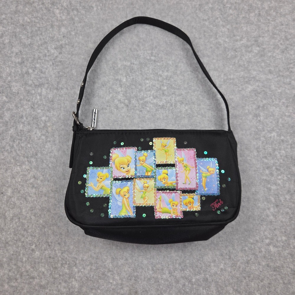 Disney Tinker Bell Black Nylon Sequin Shoulder Bag Y2K Tink Baguette Vintage